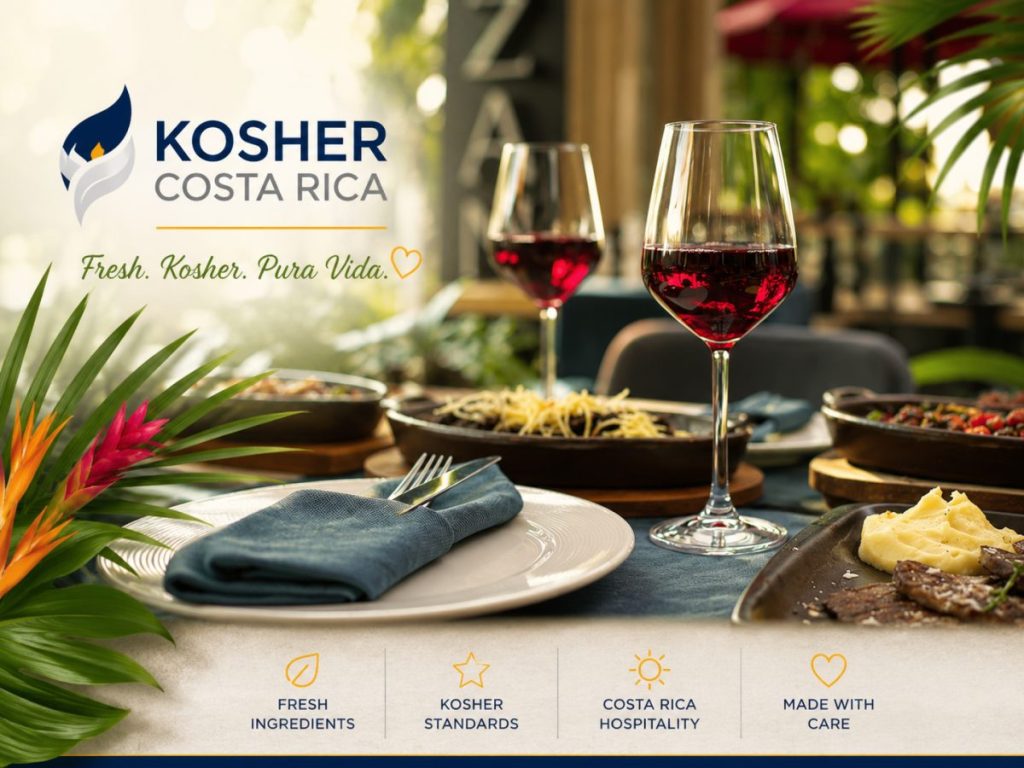 A restaurant table setting with wine glasses, plates, dishes, and the Kosher Costa Rica logo visible.