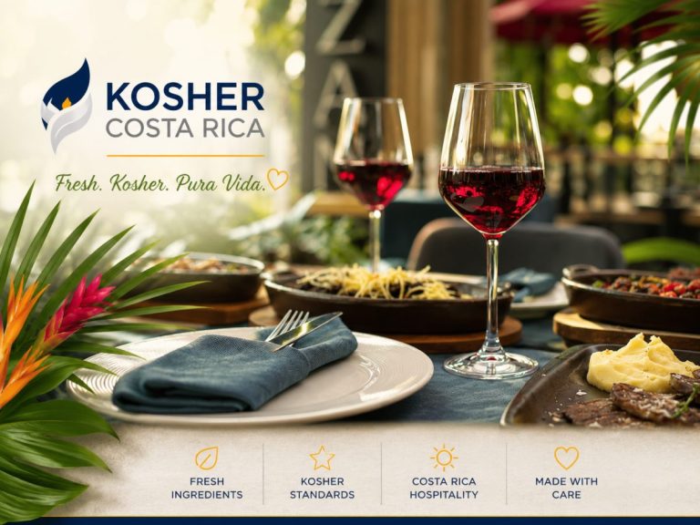 A restaurant table setting with wine glasses, plates, dishes, and the Kosher Costa Rica logo visible.